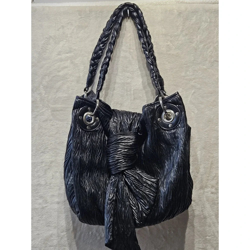 Anthropologie Melie Bianco‎ Black Ruched Bow Braided Handle Shoulder Bag Y2K